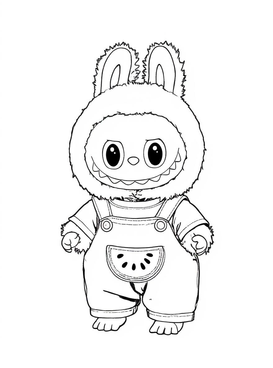 Labubu in watermelon overalls coloring page
