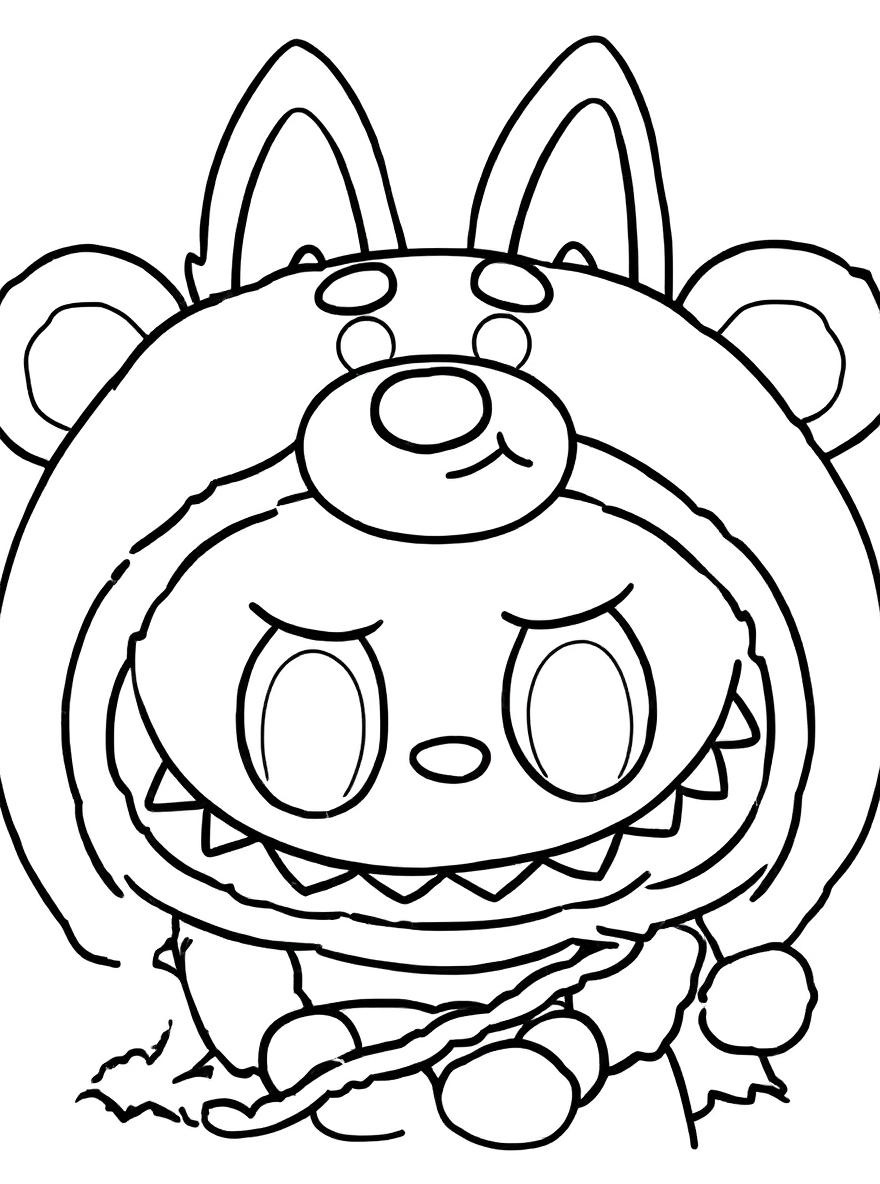 Labubu pink bear costume coloring page