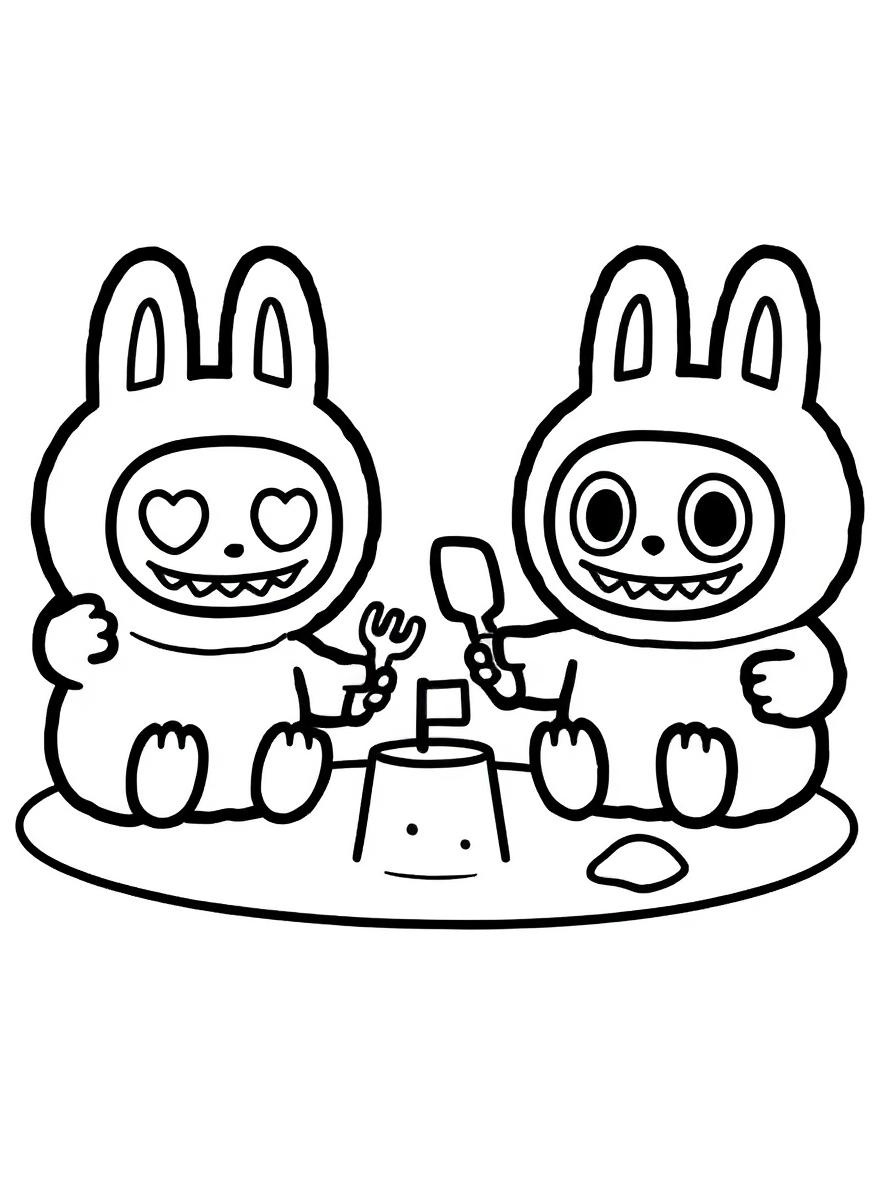 Labubu playing in sand coloring page