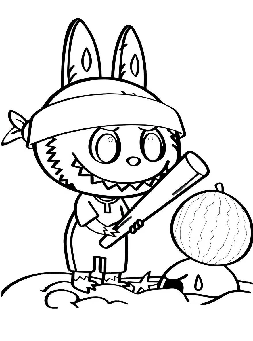 Labubu smashing watermelon coloring page