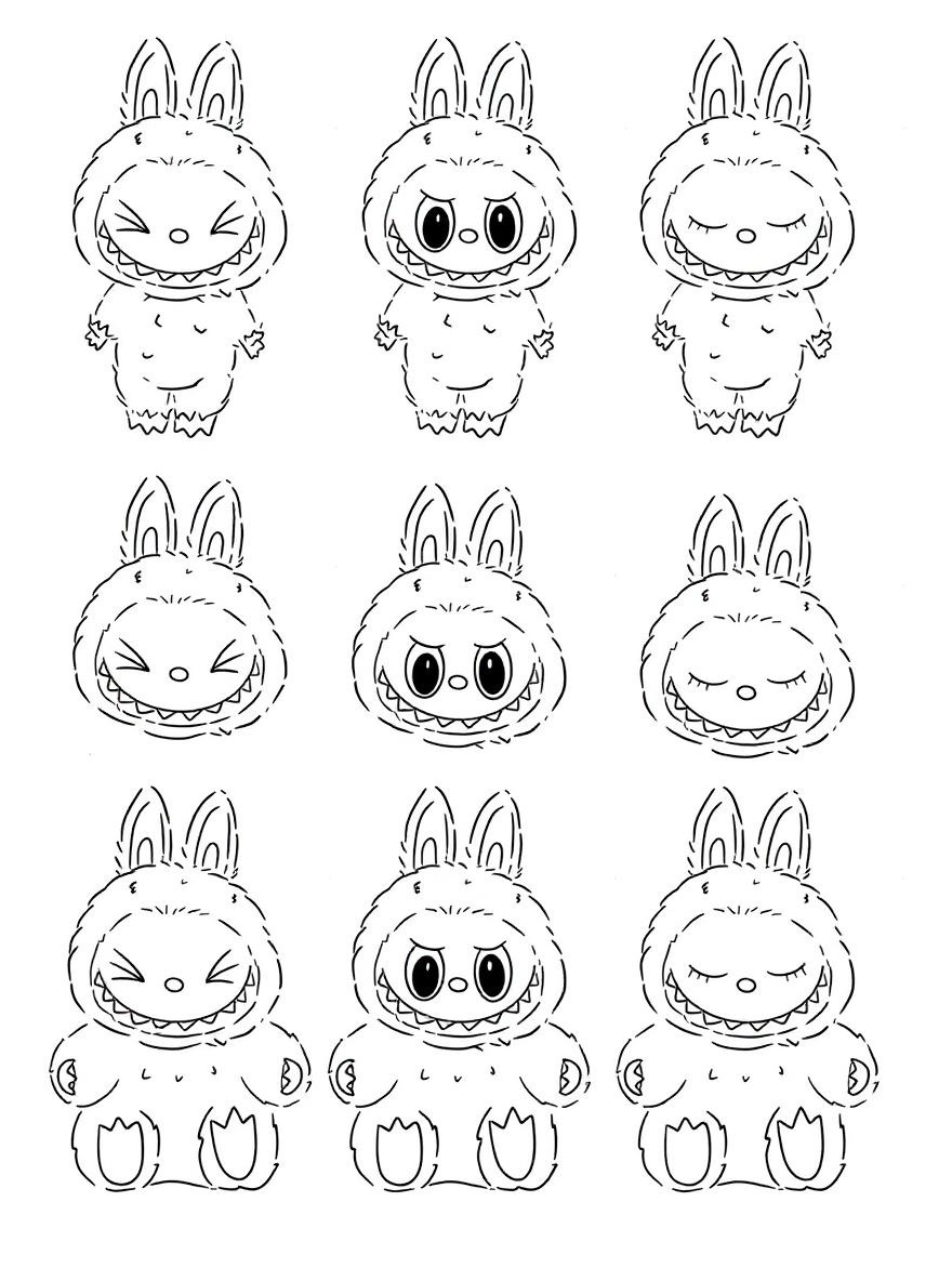 labubu various poses coloring page