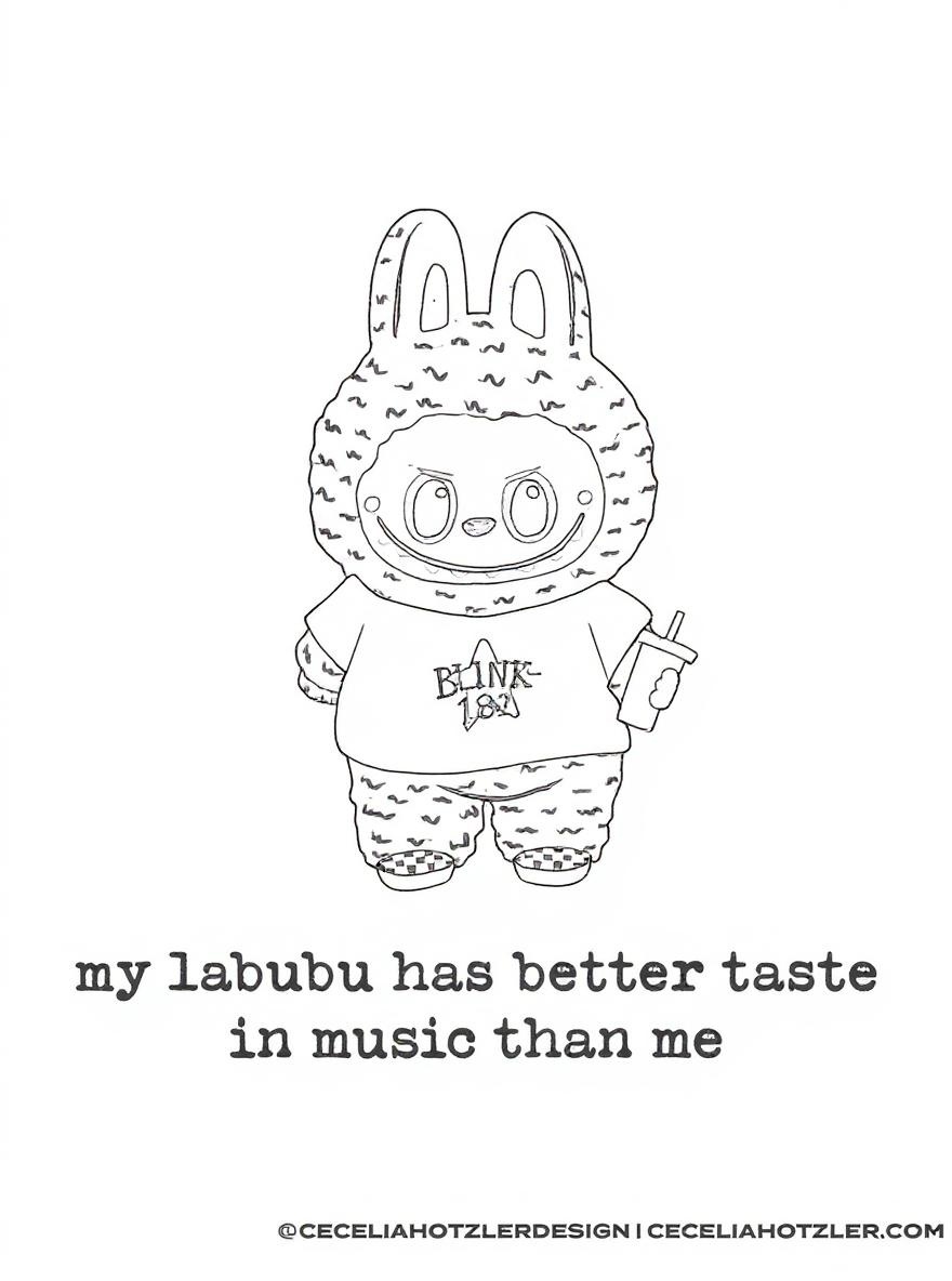 labubu wearing a band shirt coloring page