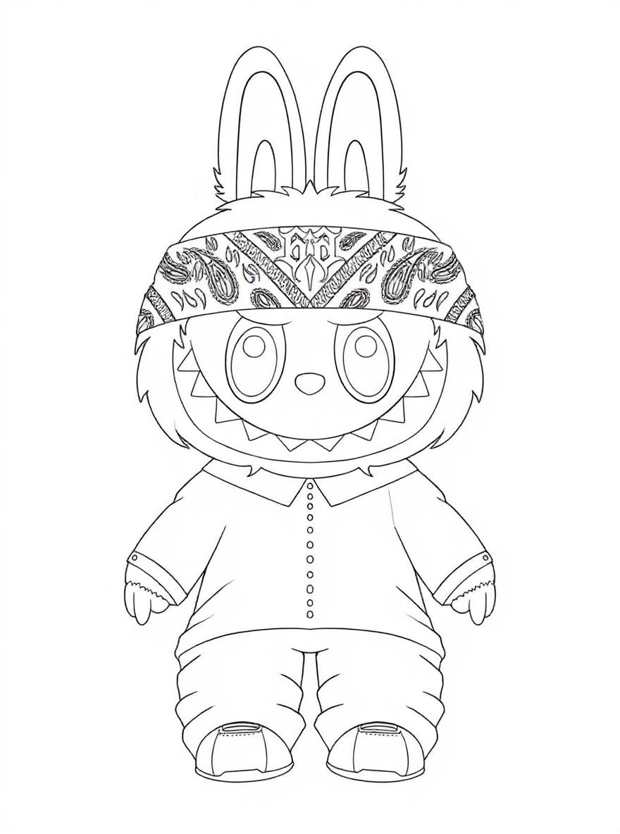 labubu with bandana and plaid shirt coloring page