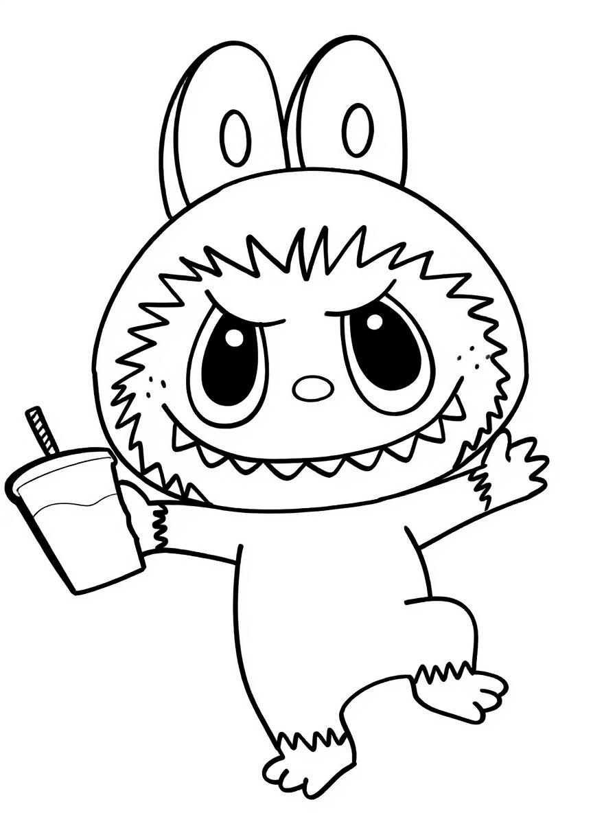 Labubu with drink coloring page