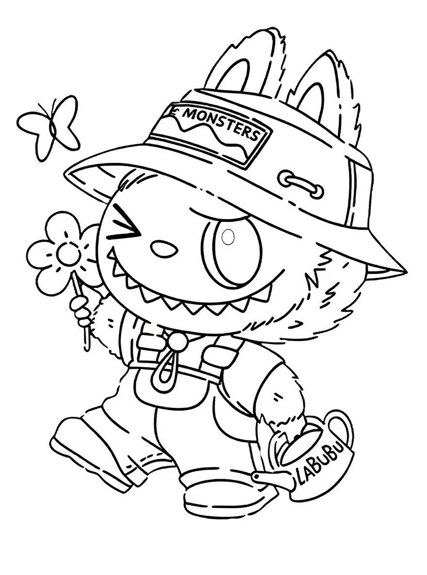 labubu with flower and watering can coloring page