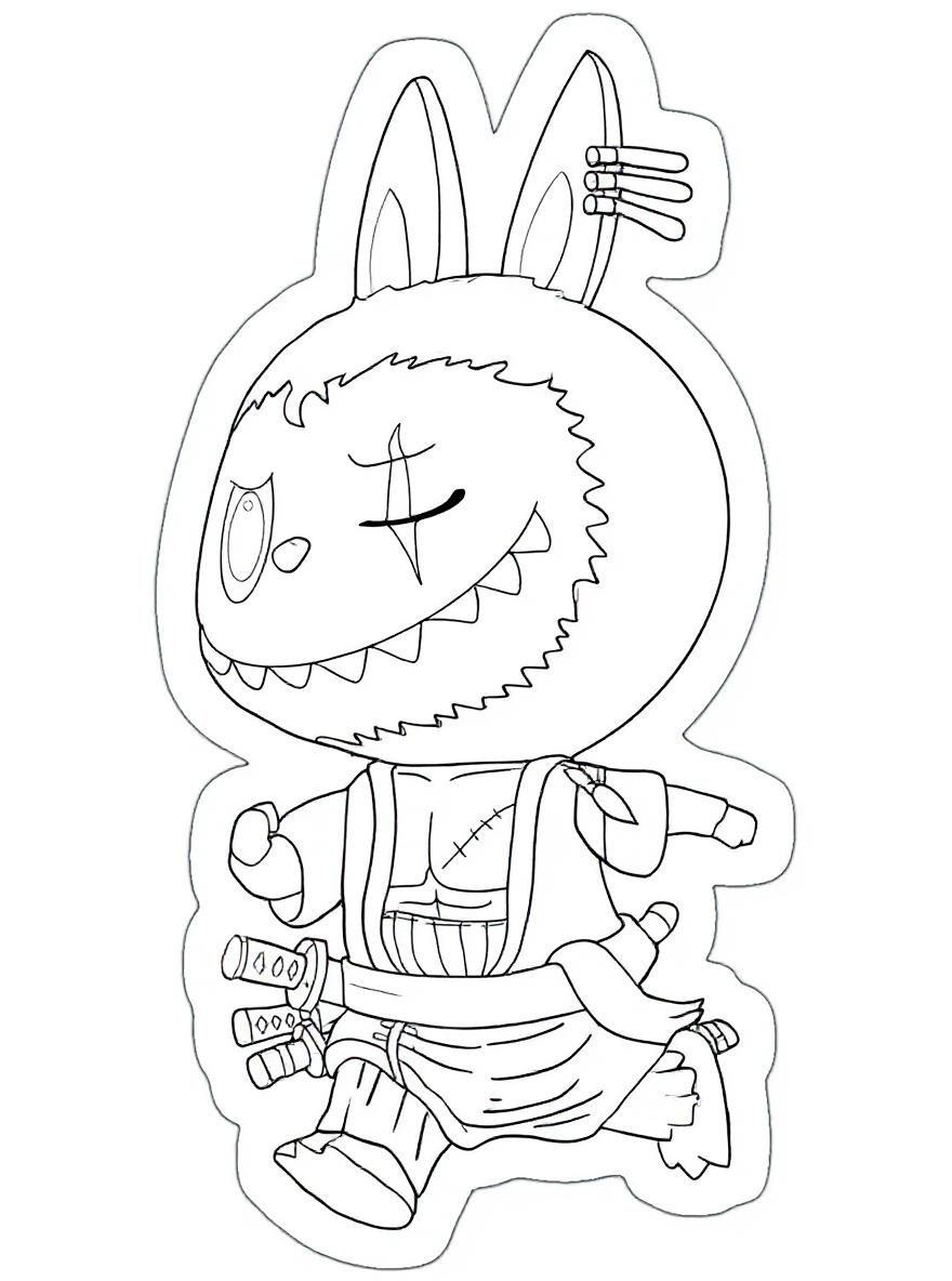 labubu zoro character running coloring page