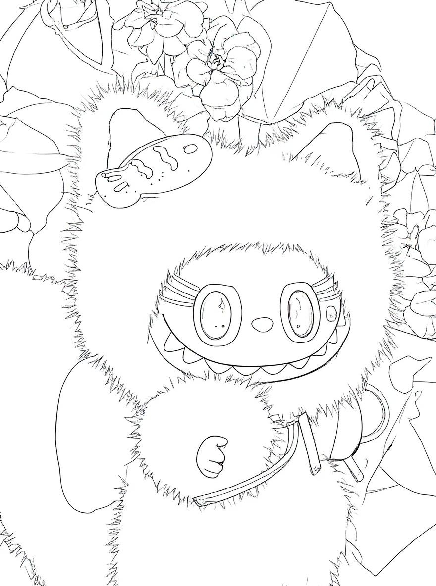 Pink fluffy Labubu character coloring page