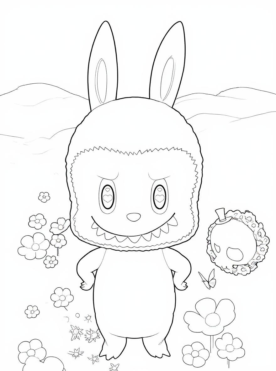 Pink Labubu monster with skull friend coloring page