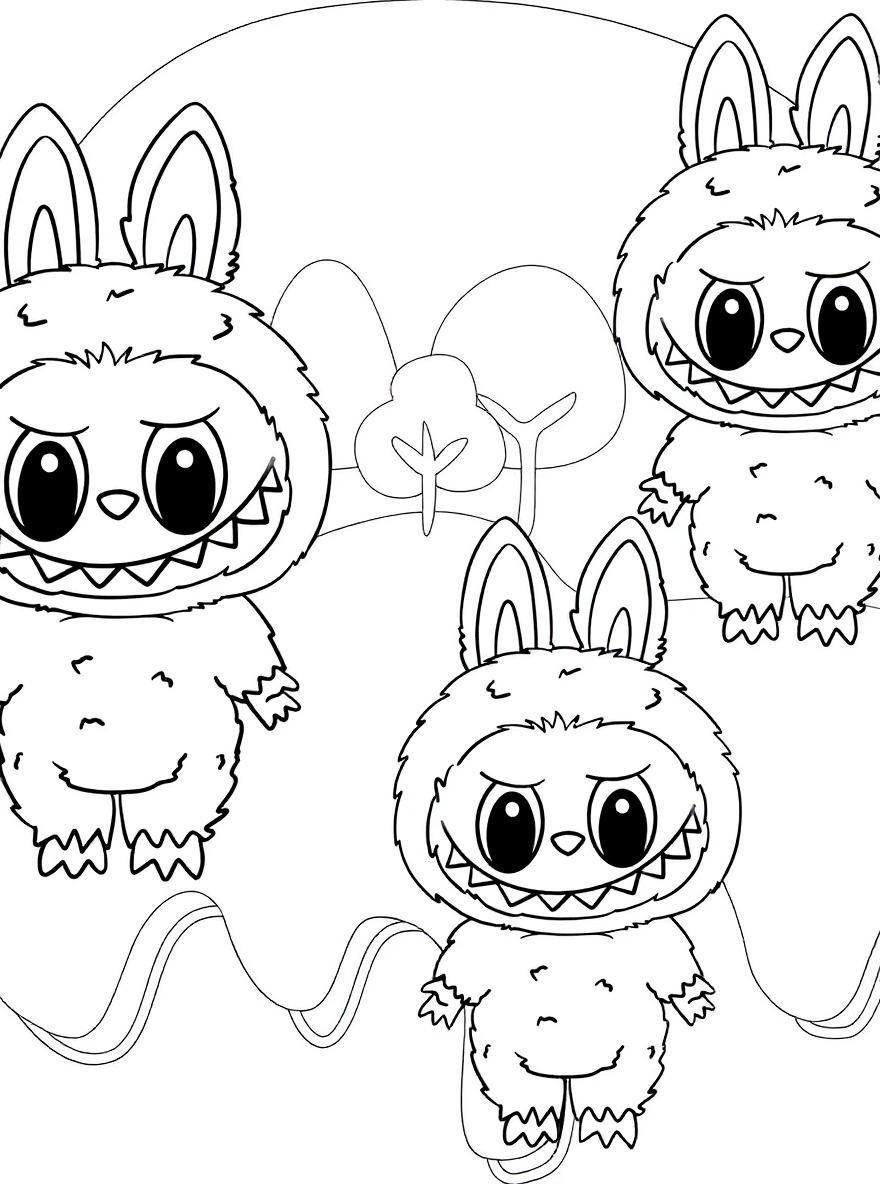 three labubu monsters in bunny suits coloring page