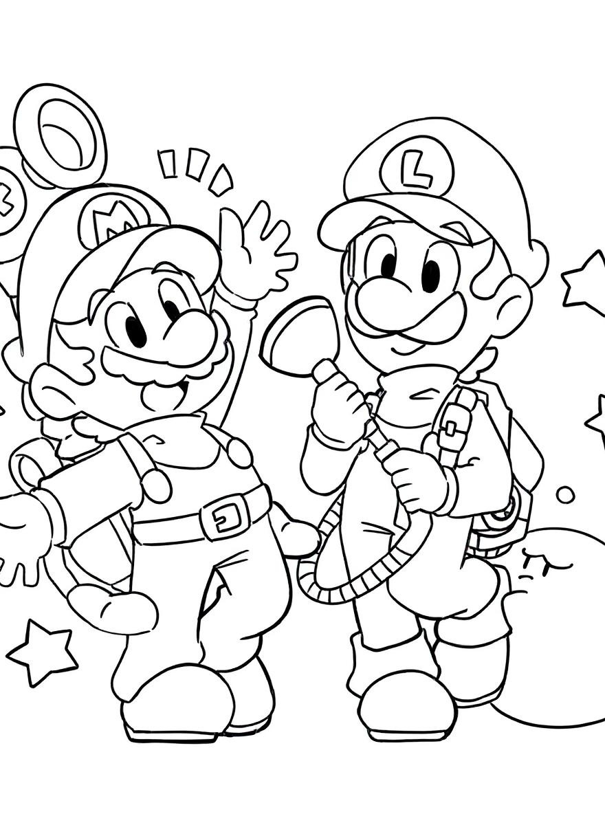 Mario and Luigi covered in paint coloring page