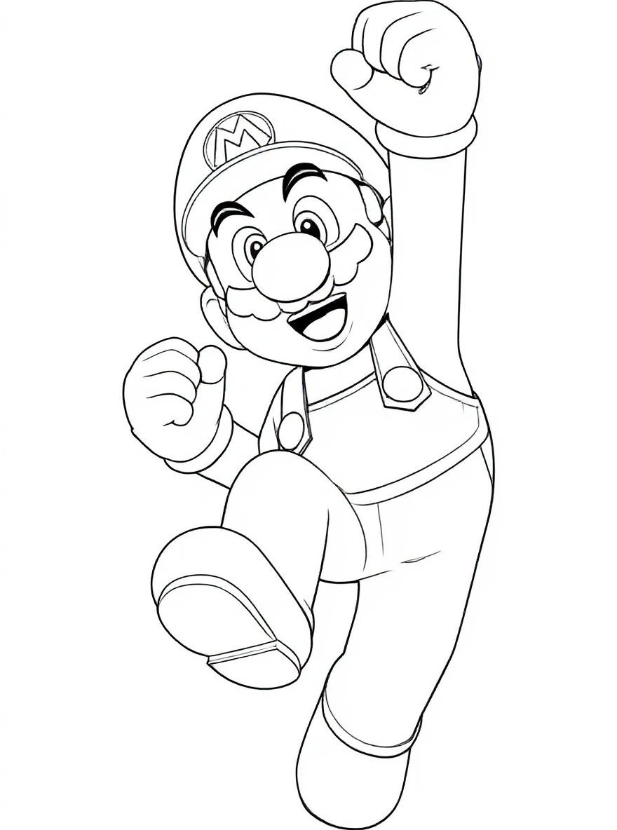 Mario jumping with fist raised coloring page