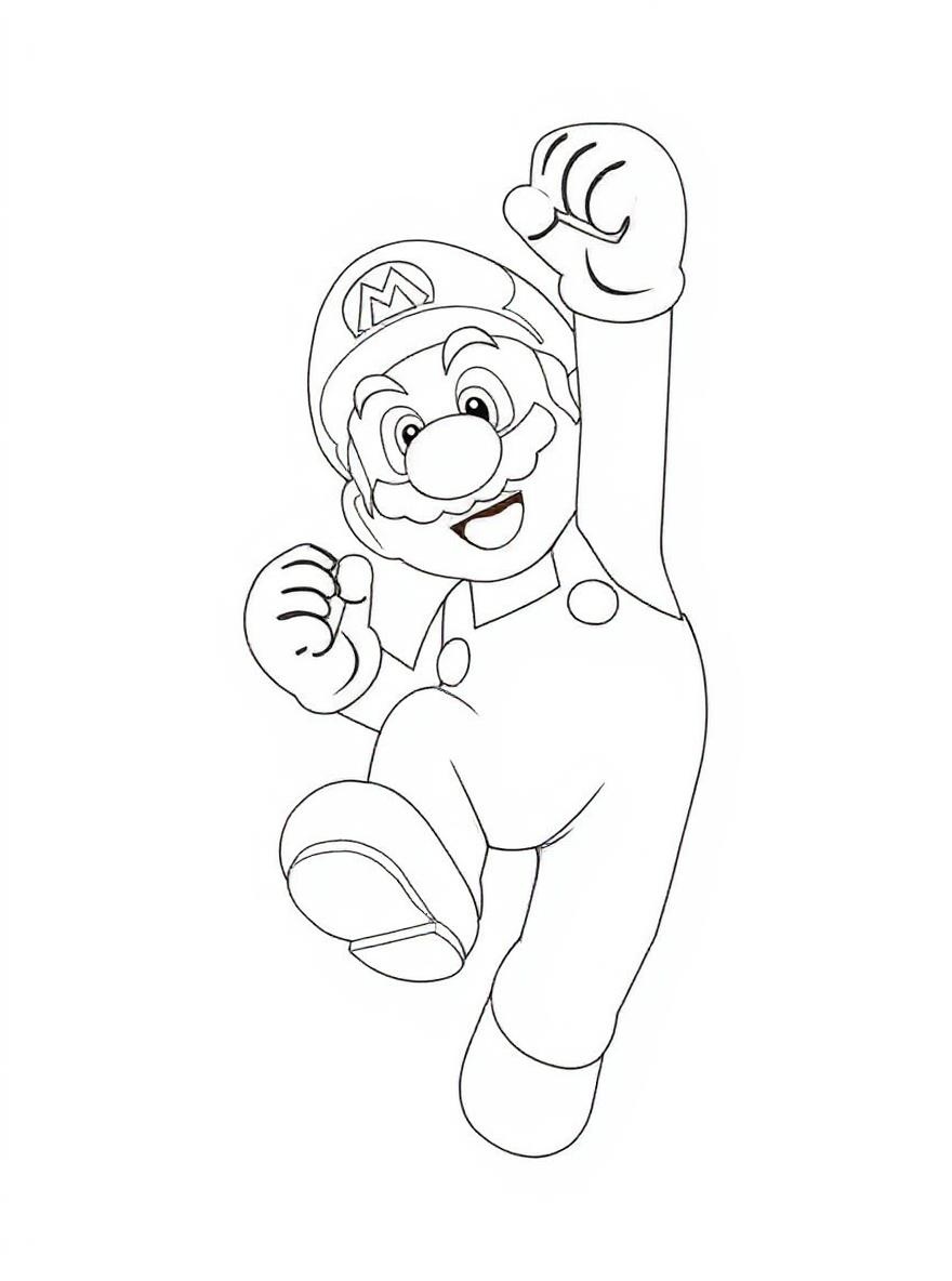 Mario jumping with fist up coloring page