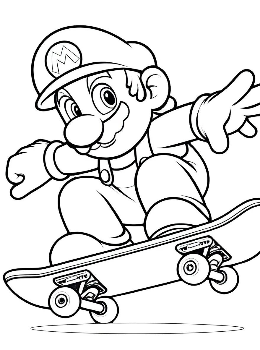 Mario on a skateboard coloring page