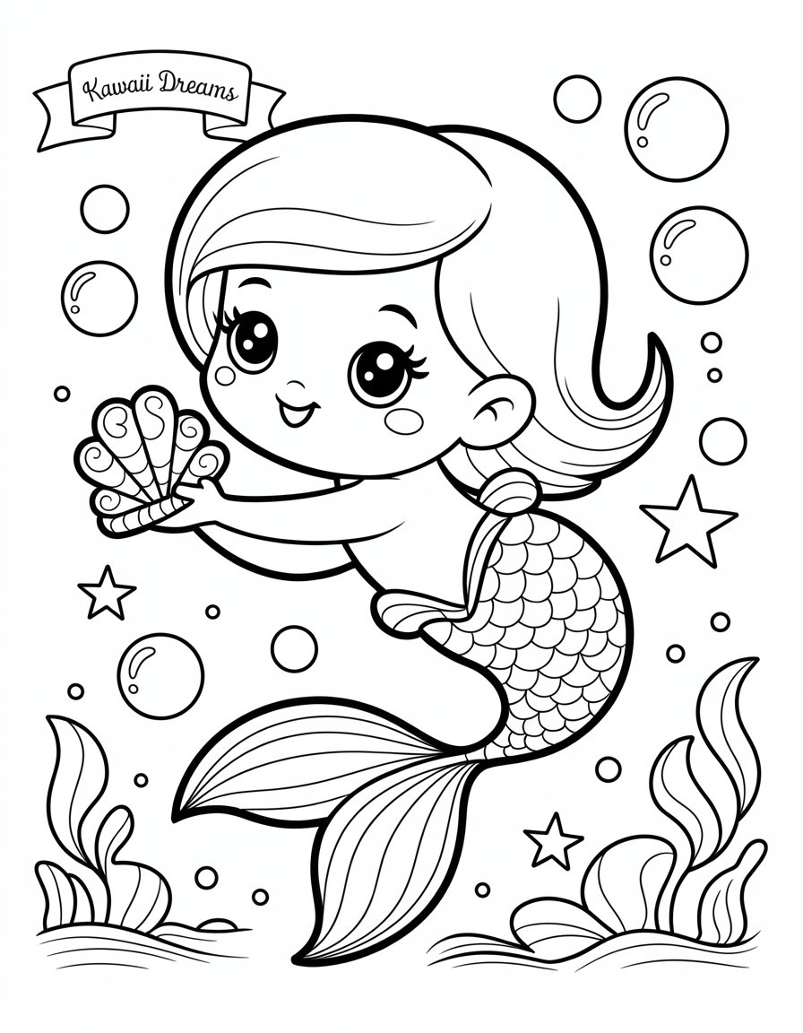 kawaii mermaid coloring page