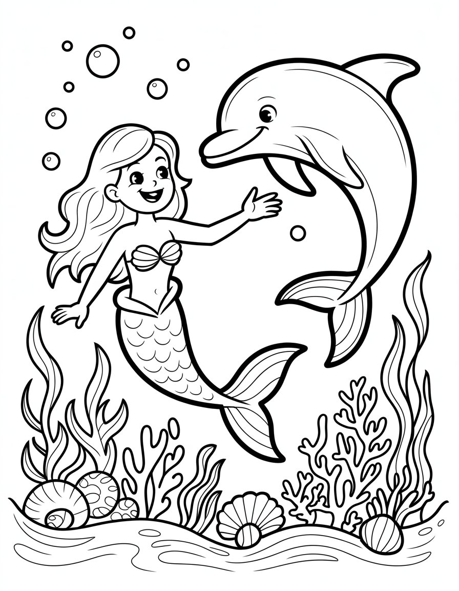 mermaid and dolphin coloring page