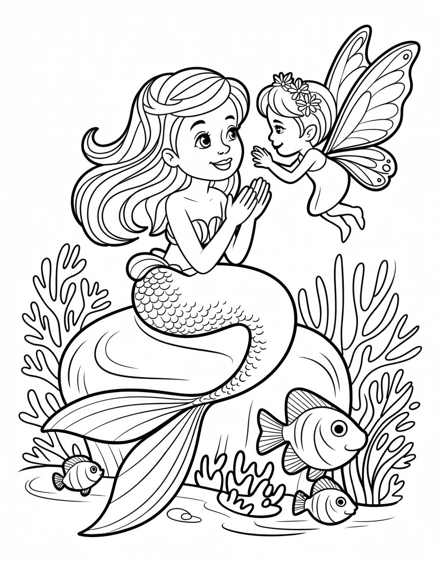 mermaid and fairy coloring page
