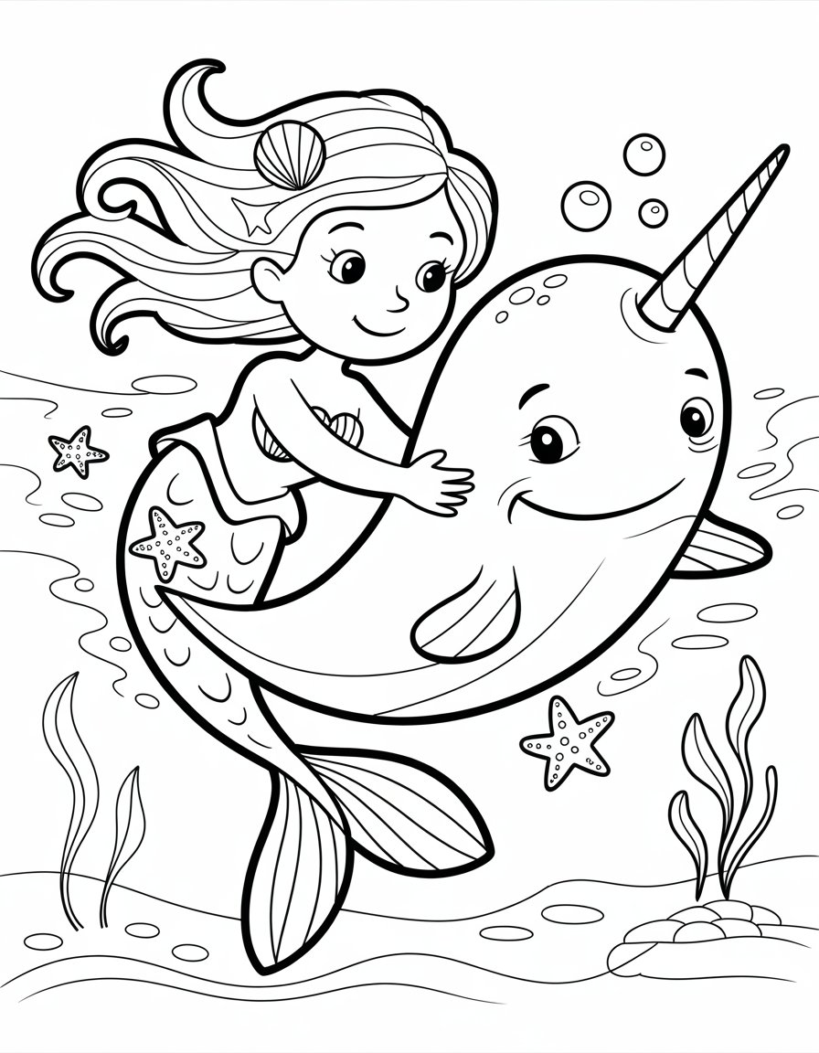 mermaid and narwhal coloring page