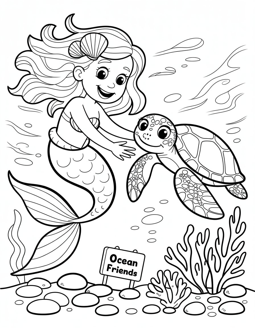 mermaid and turtle coloring page