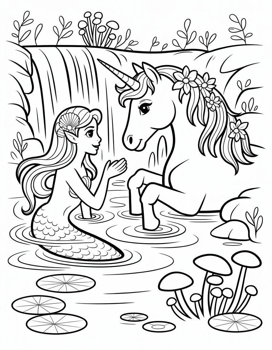 mermaid and unicorn coloring page
