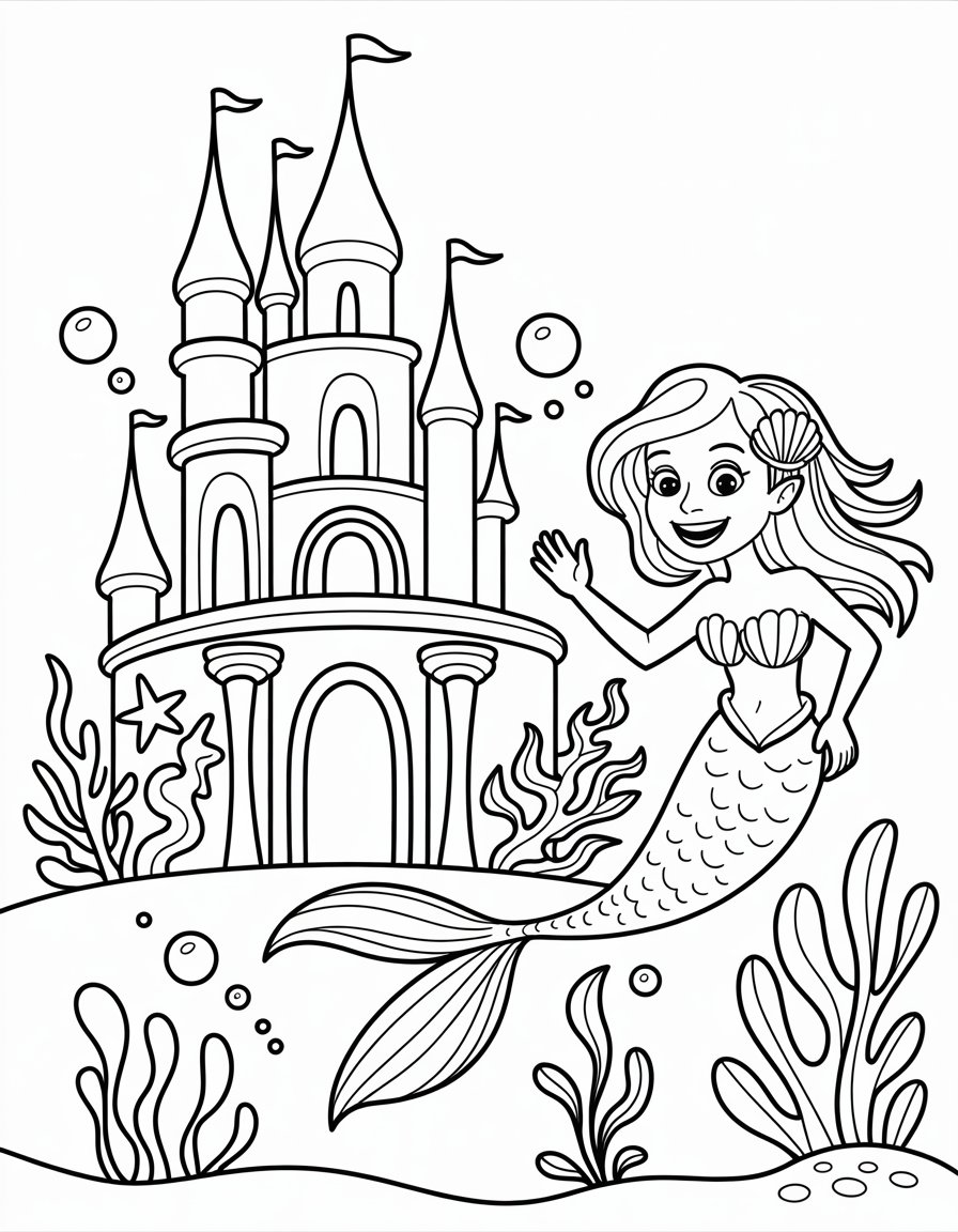 mermaid castle coloring page