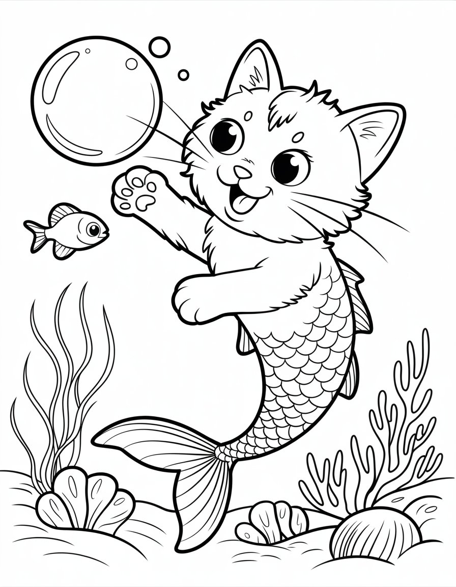 mermaid cat coloring page