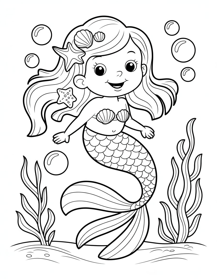 mermaid clipart coloring page