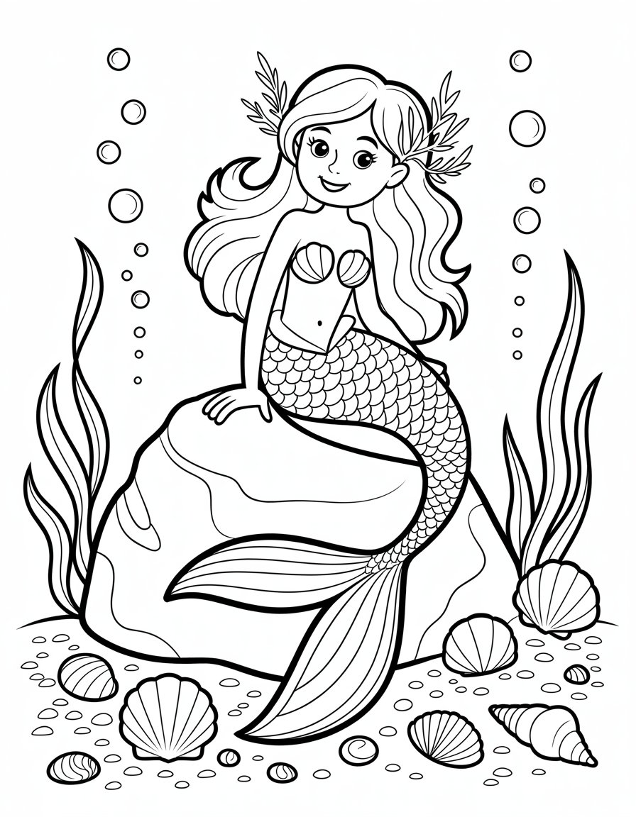 mermaid coloring page with seashells