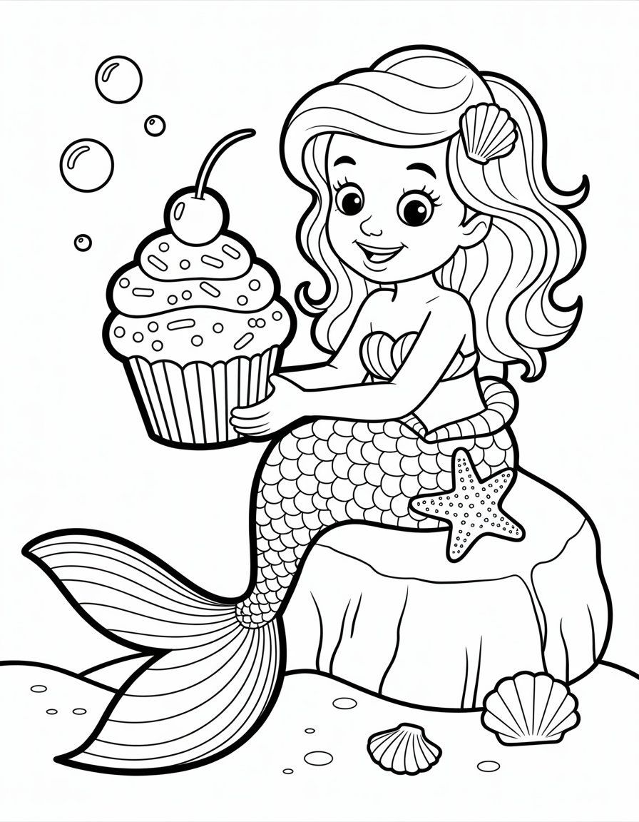 mermaid cupcake coloring page