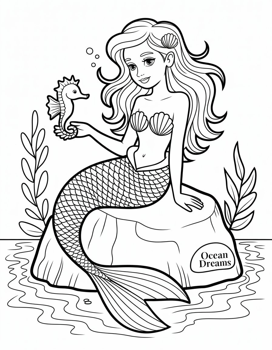 mermaid on rock coloring page