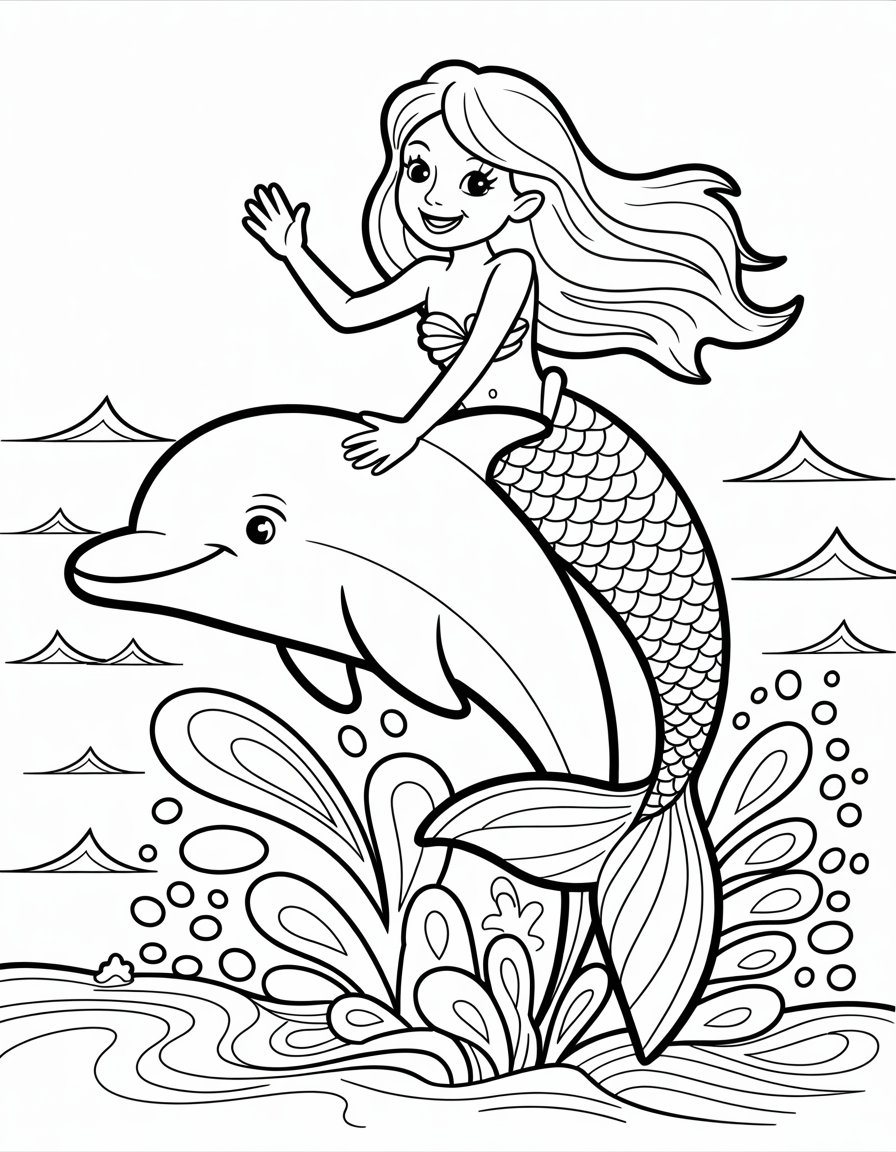 mermaid riding dolphin coloring page