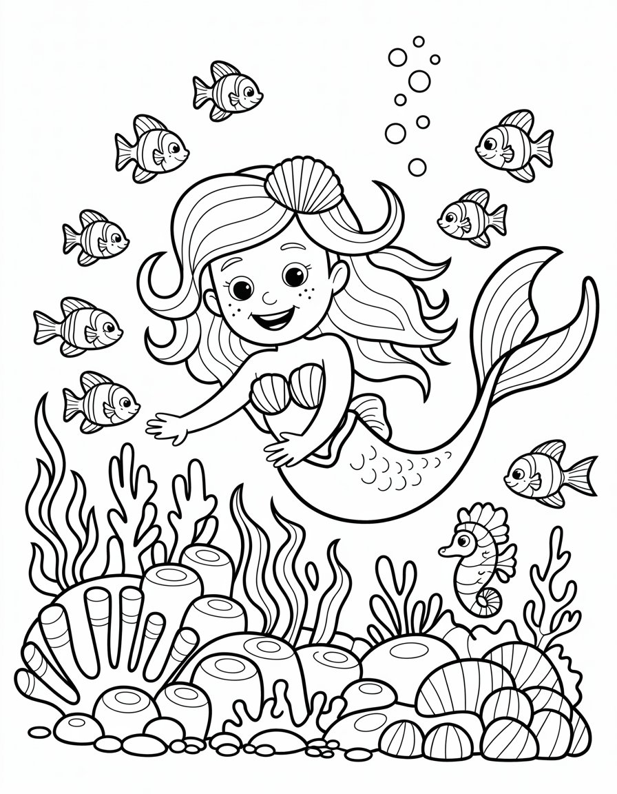 mermaid underwater scene coloring page