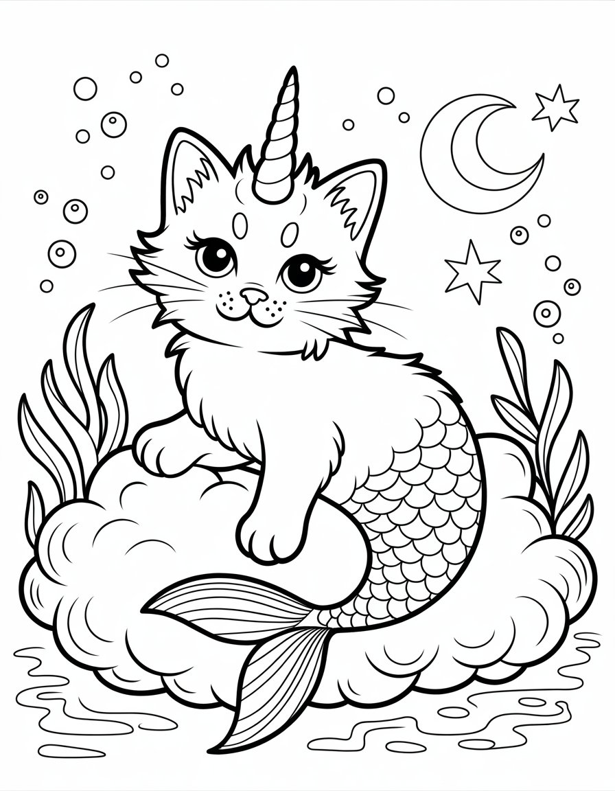mermaid unicorn cat coloring page