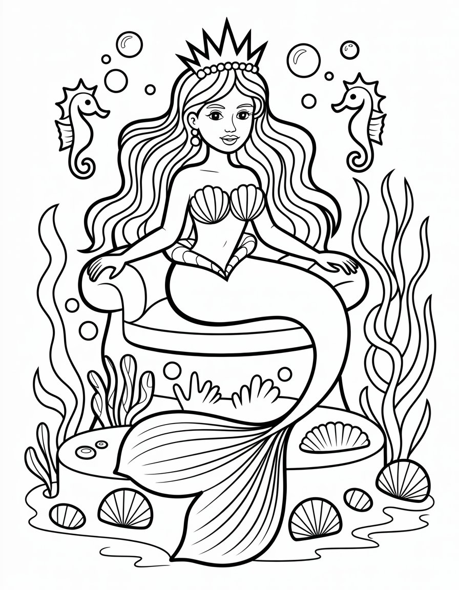 mermaid with crown coloring page