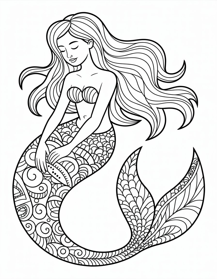 mermaid zentangle coloring page