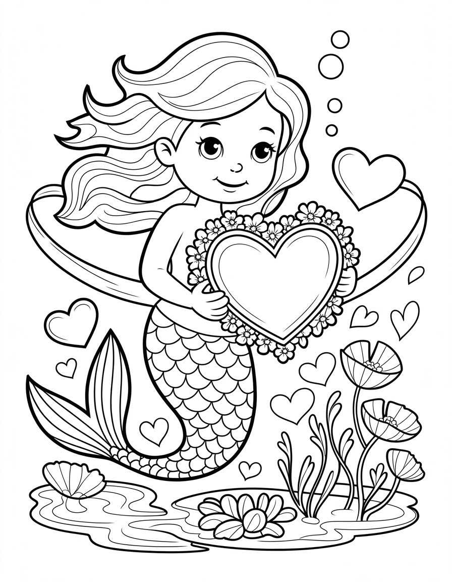 valentine mermaid coloring page