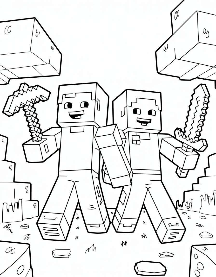 mikey and jj minecraft coloring page