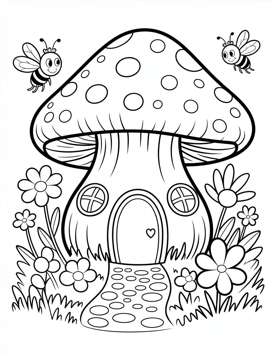 cute mushroom house coloring page