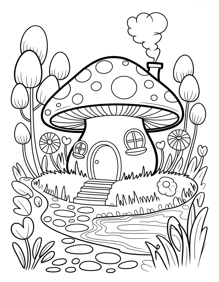 fantasy world mushroom house coloring page
