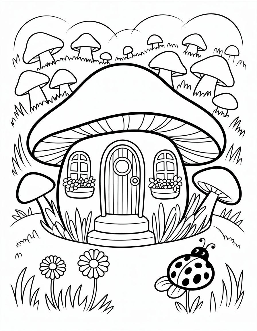 mushroom village mushroom house coloring page