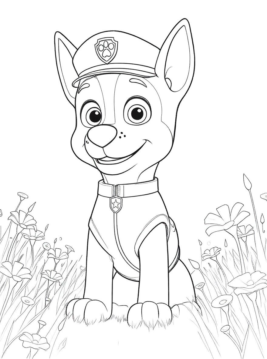 Paw patrol Chase in a field coloring page