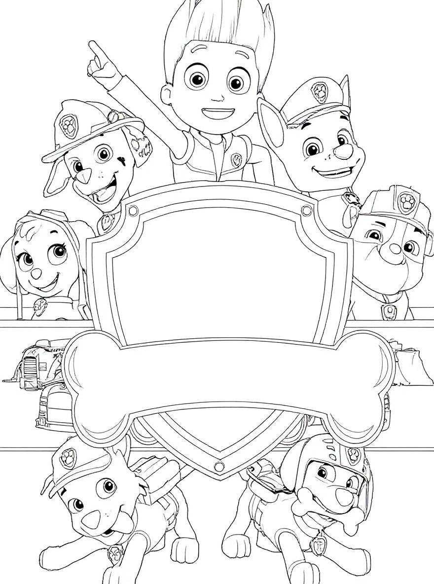 Ryder and pups with blank shield coloring page