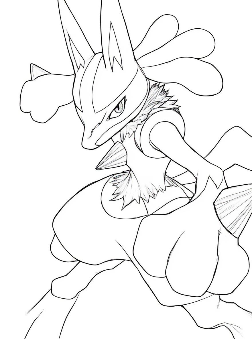 A blue lucario with glowing eyes coloring page
