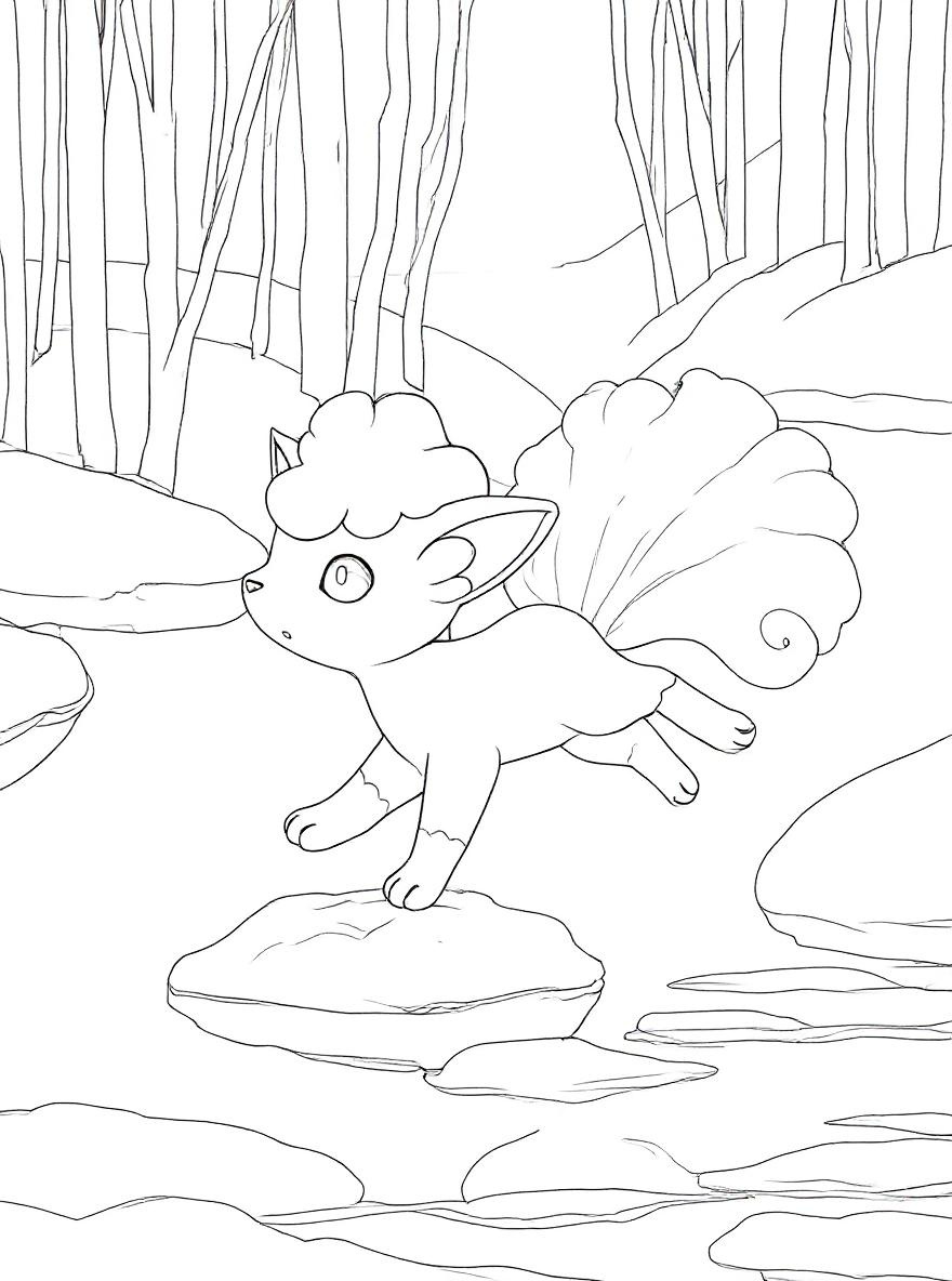 Alolan Vulpix winter scene coloring page