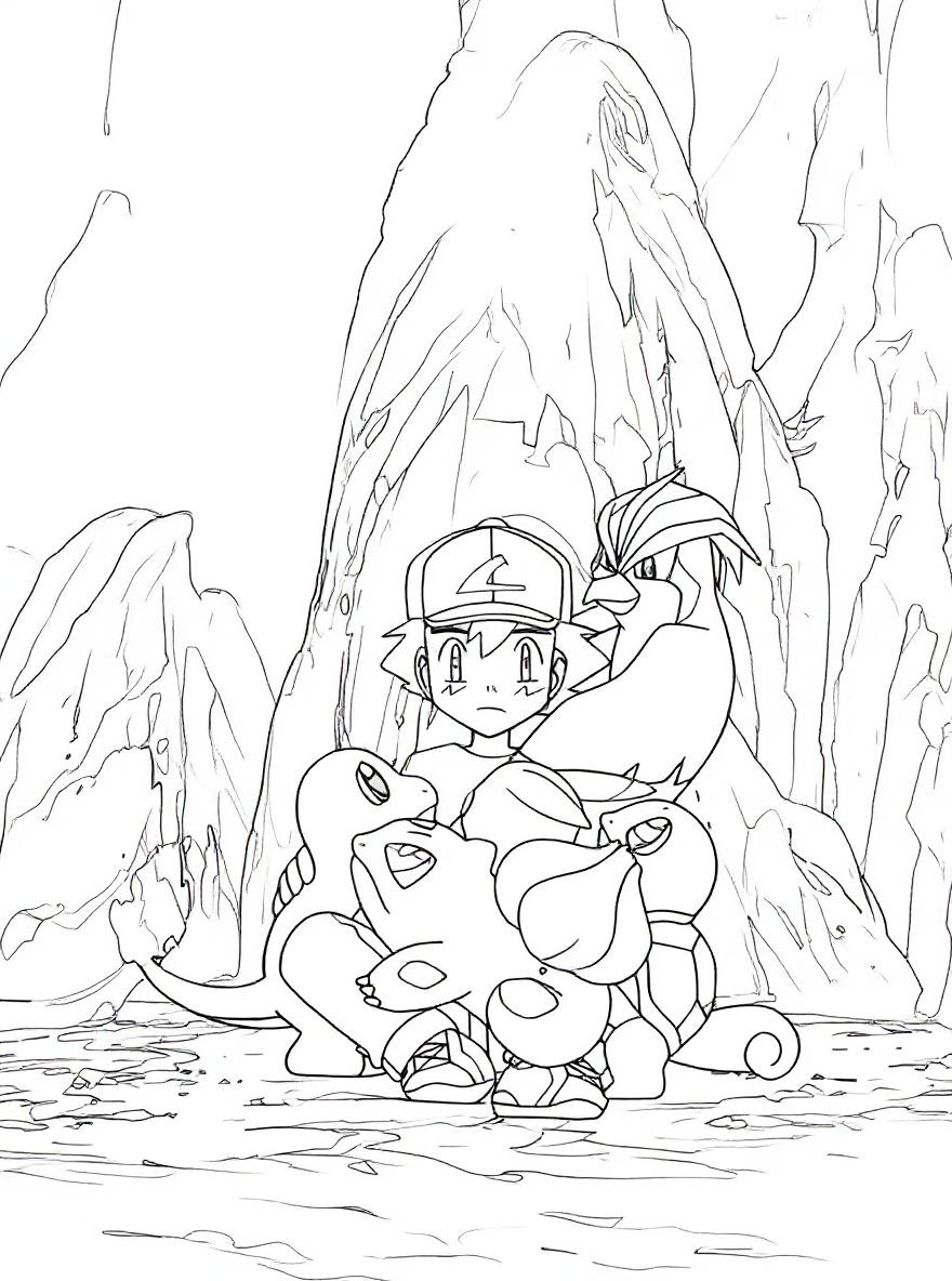 Ash and his pokemon friends coloring page