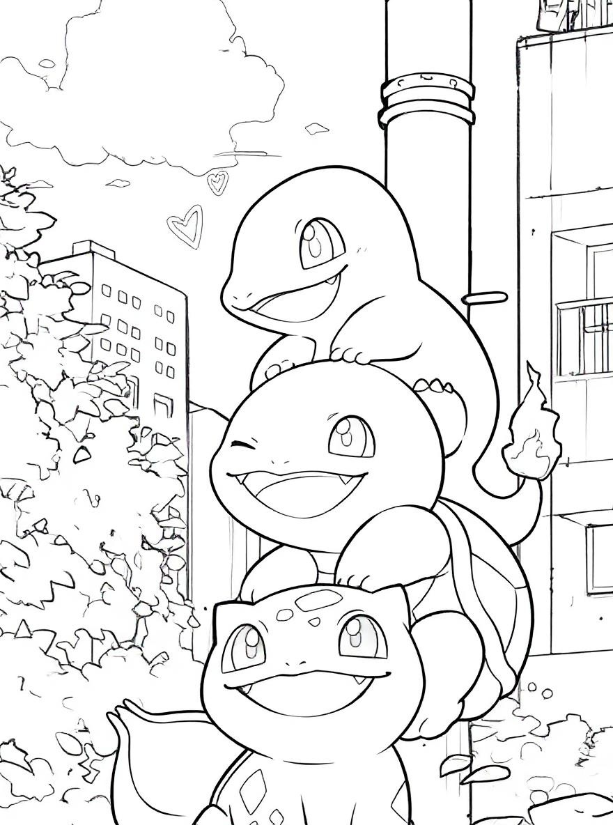 charmander squirtle bulbasaur stack coloring page