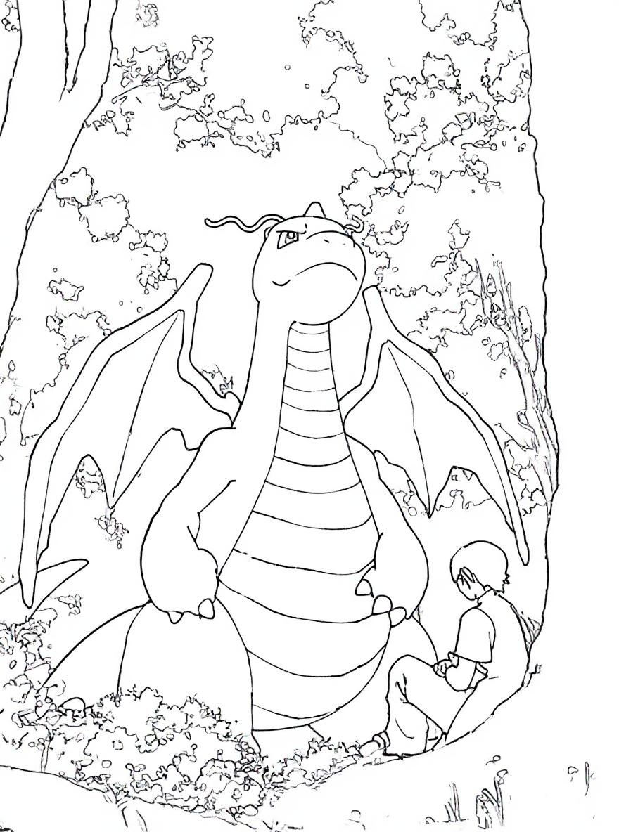 dragonite and trainer in forest coloring page