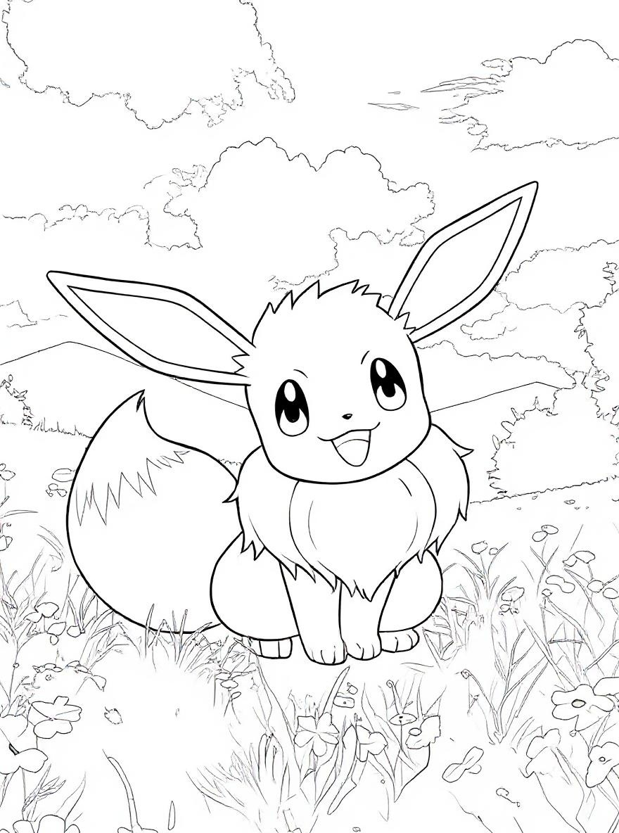 Eevee in a field of flowers coloring page