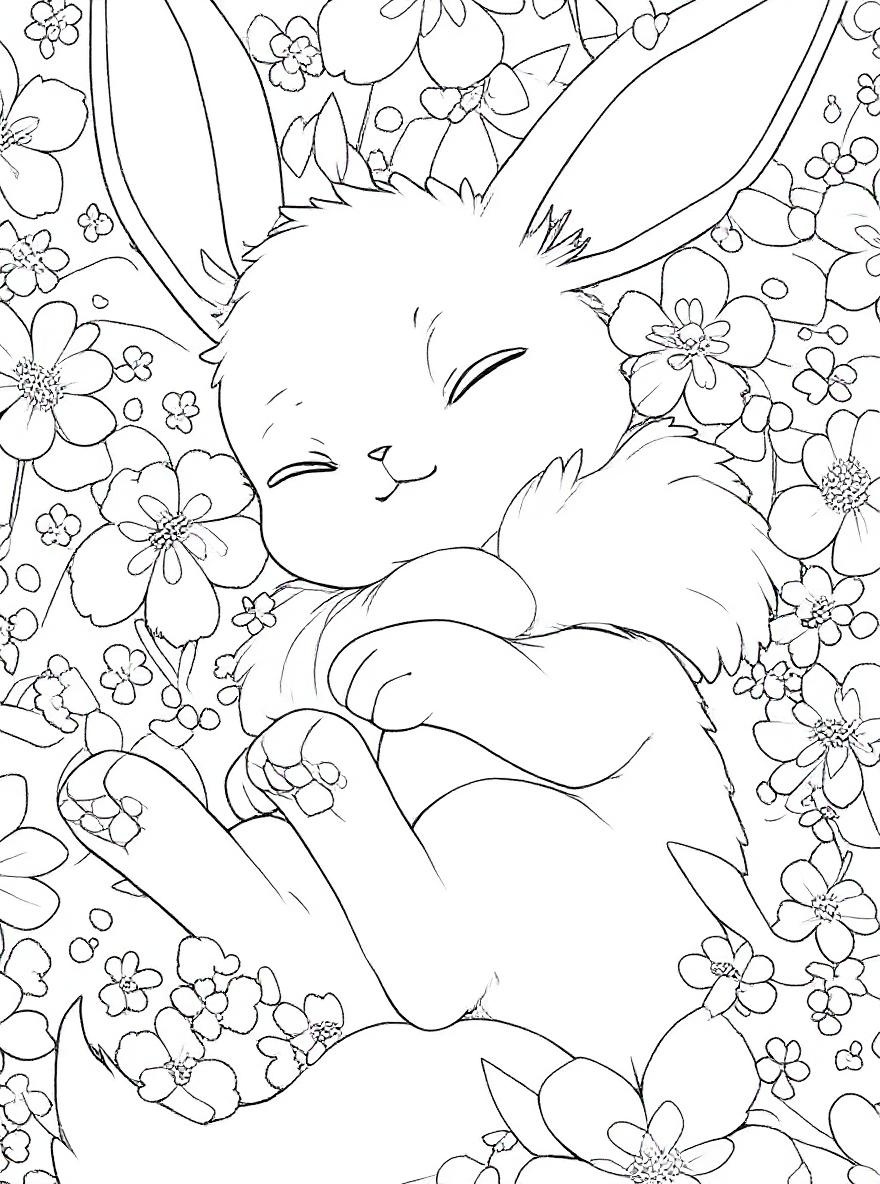 Eevee sleeping in flowers coloring page