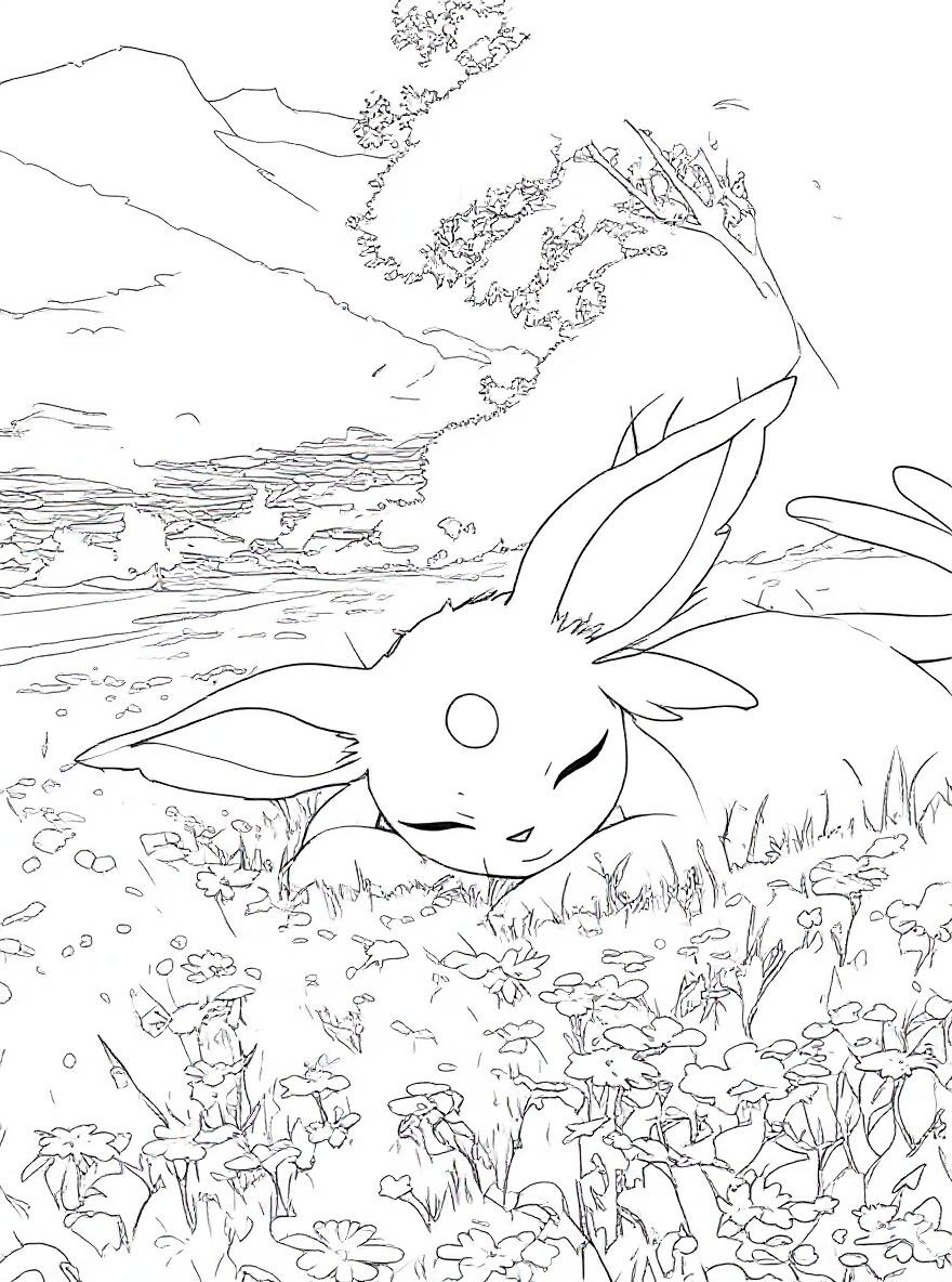 Espeon resting in a flower field coloring page