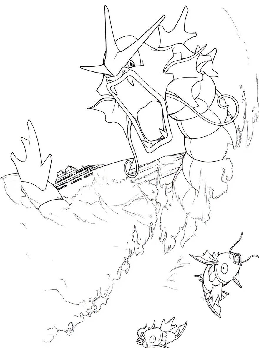 Gyarados roaring in the ocean coloring page